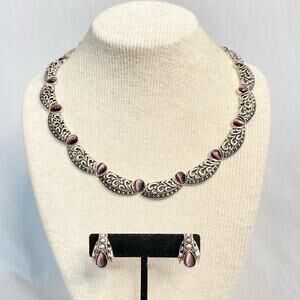 Avon Black Silver Tone Necklace Earrings Set Ornate Segments Tiger's Eye Stones